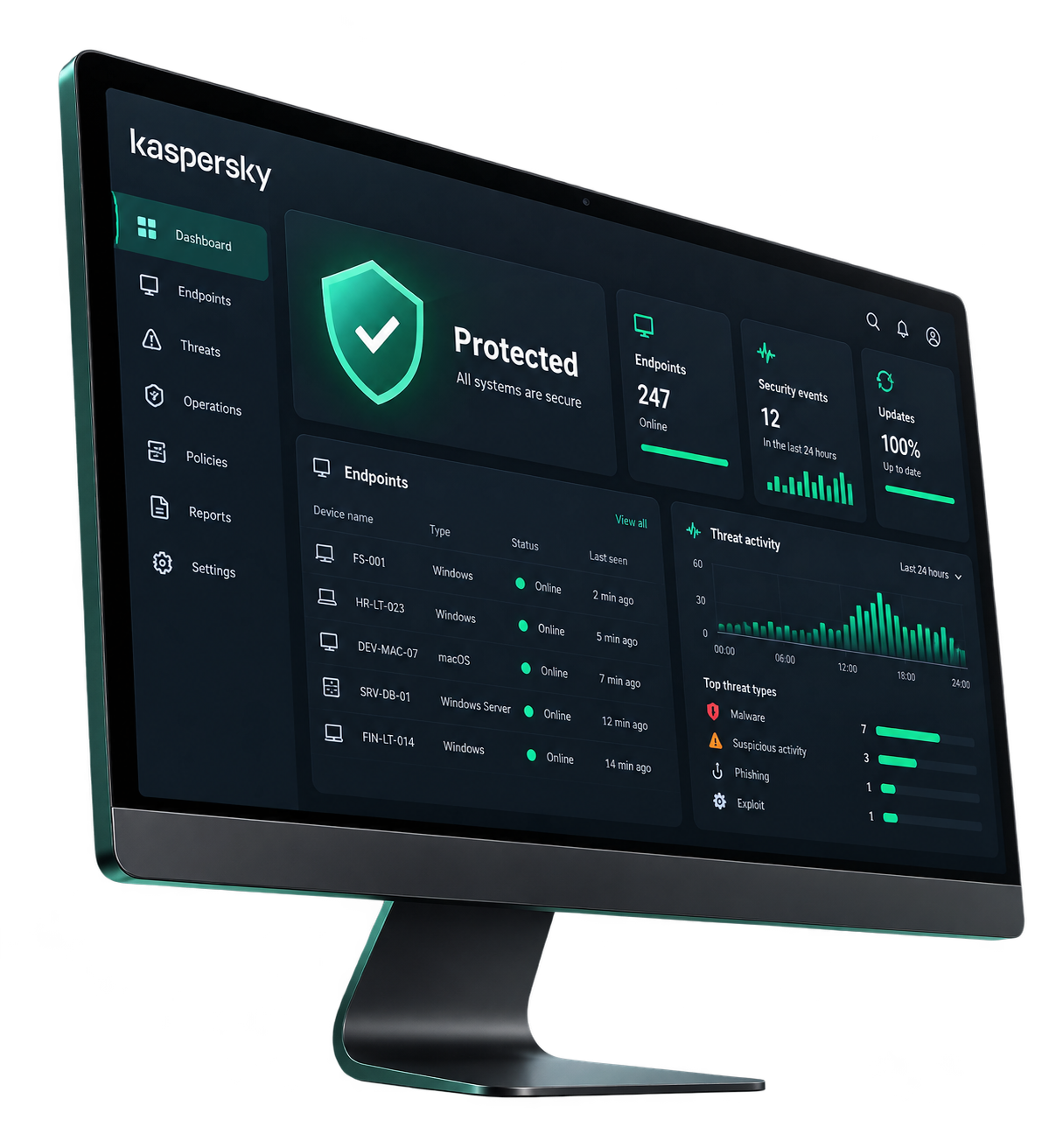 Monitor con consola de seguridad Kaspersky para empresas