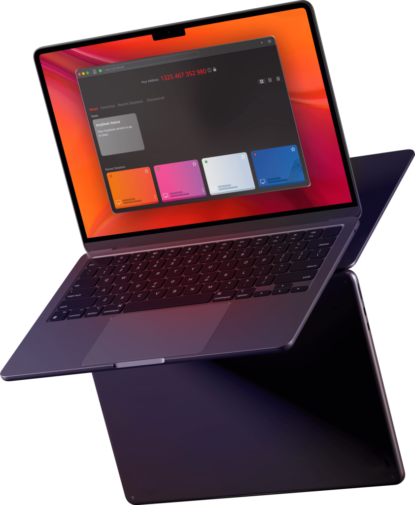 Interfaz de AnyDesk para soporte remoto empresarial en una notebook