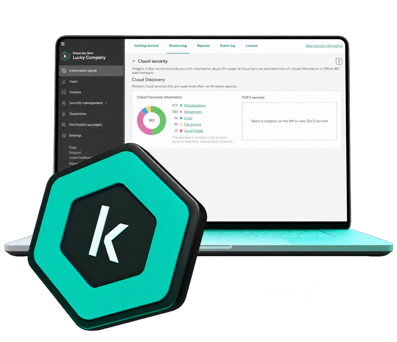 Notebook con consola de seguridad Kaspersky y logo de la marca